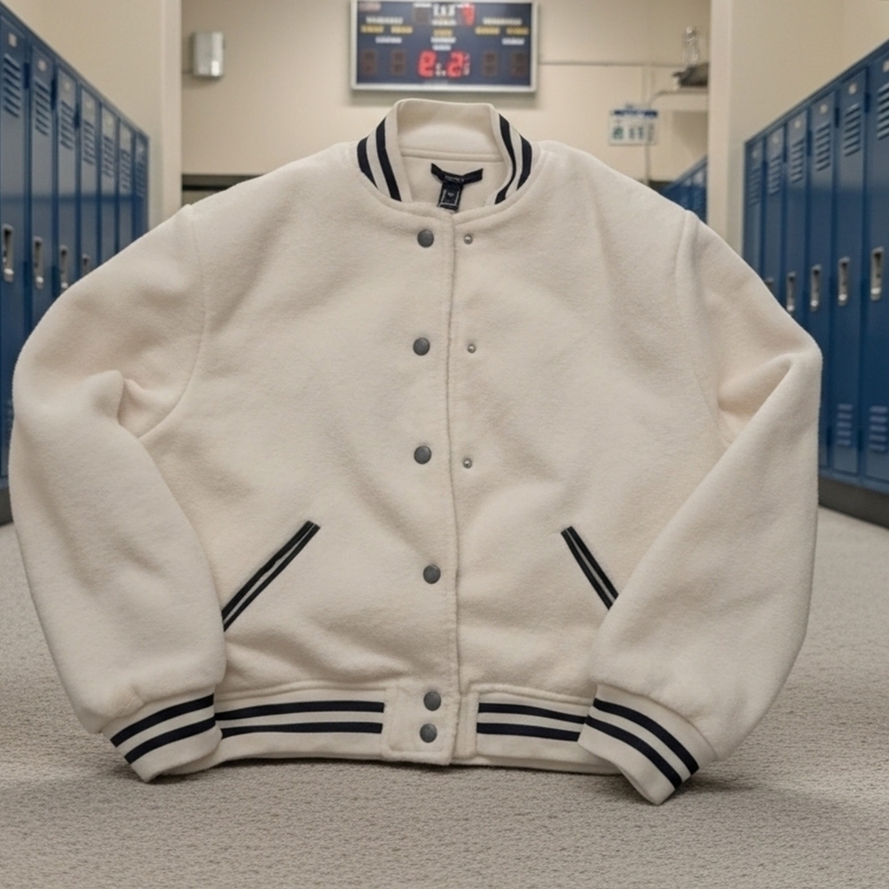 Y2K Gently Used Forever 21 Varsity White Jacket with Black Accents